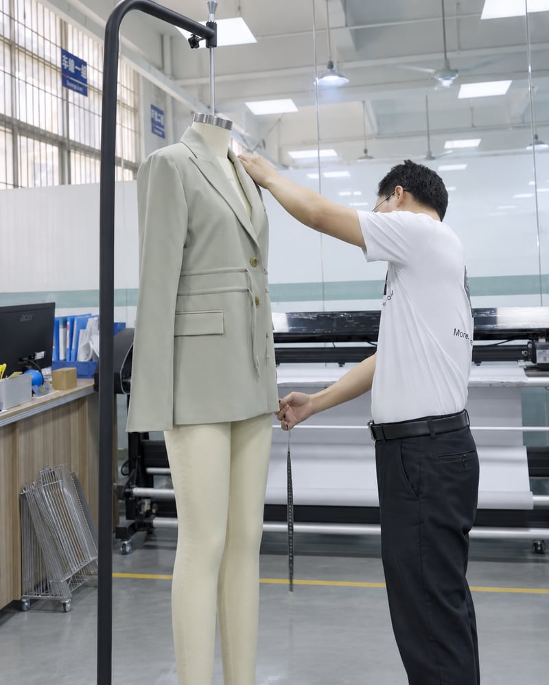 Sample maker checking womenswear garment measurements with a measuring tape.